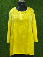 Yellow Lucknowi Rayon short kurti in hand embroidery