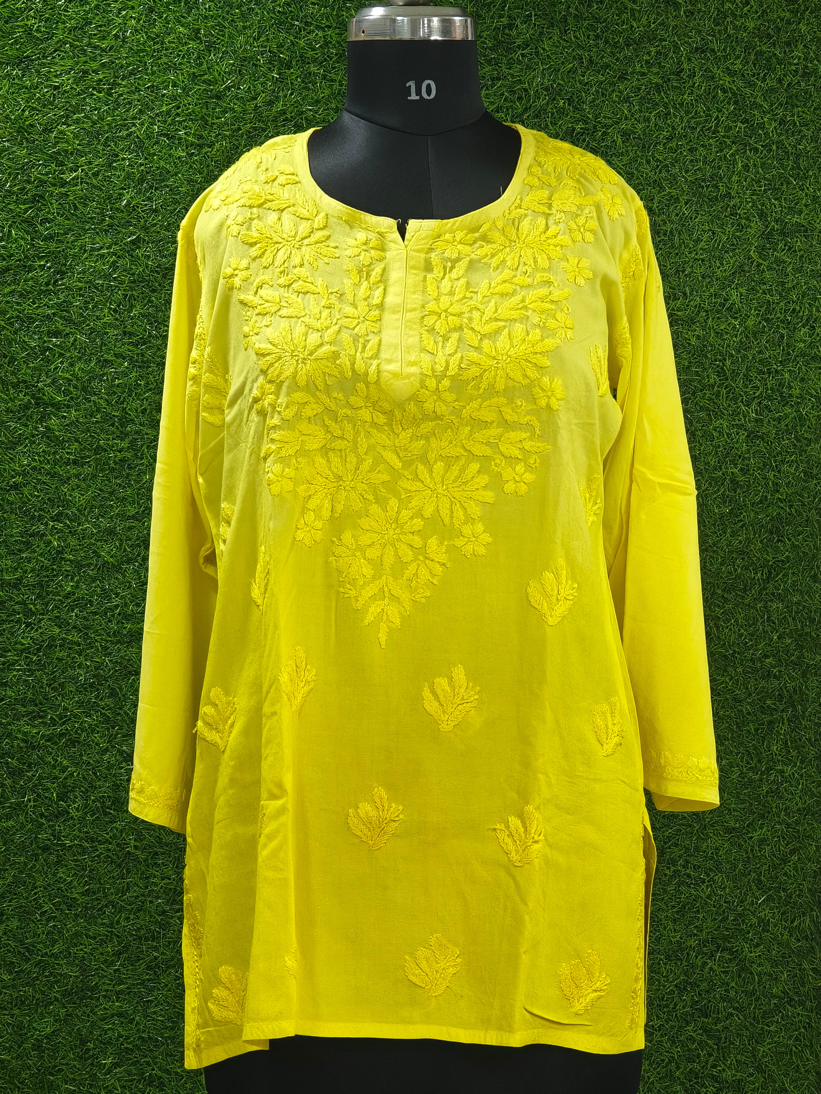 Yellow Lucknowi Rayon short kurti in hand embroidery