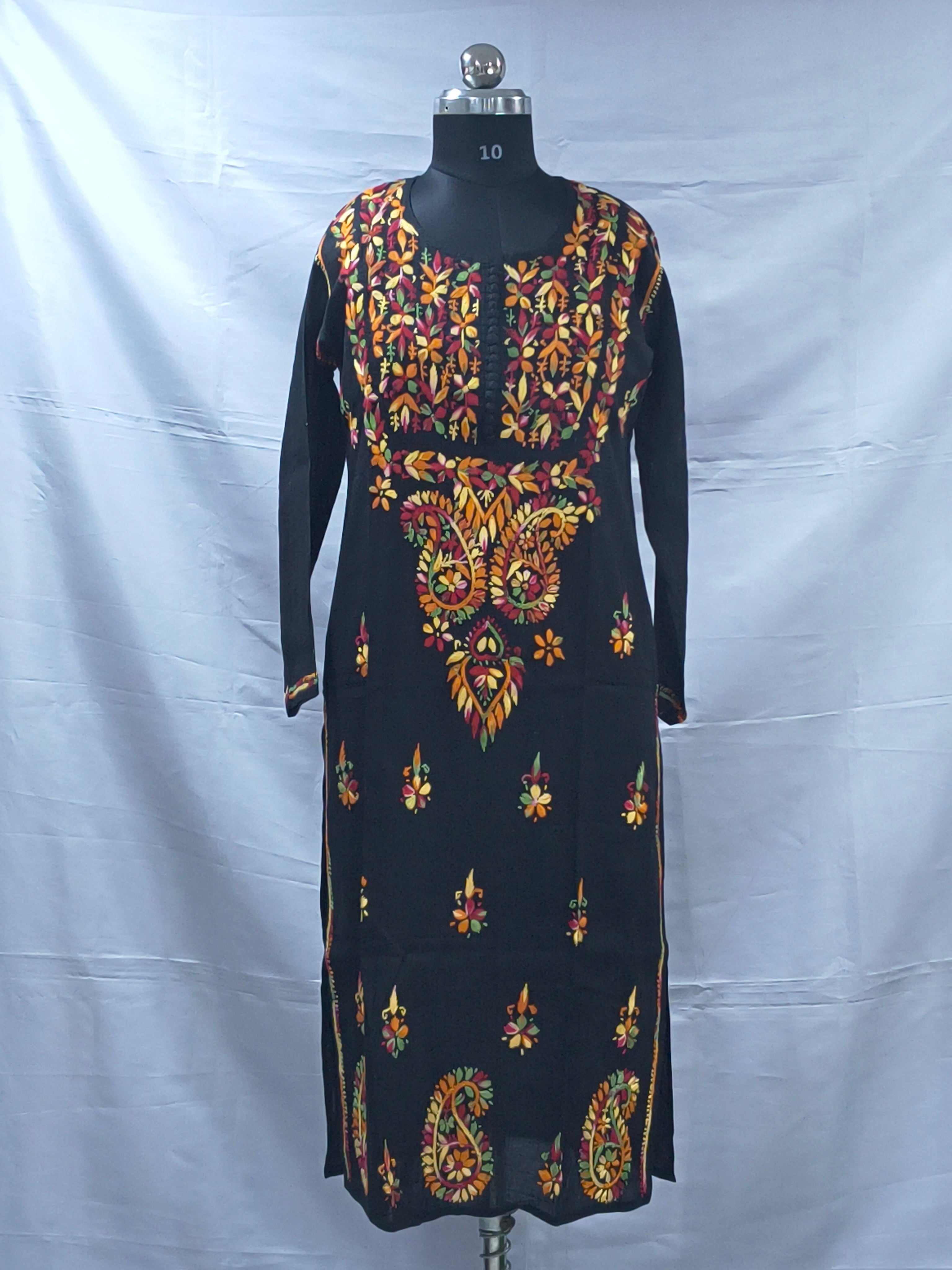 Black Lucknowi cotton kurta in hand embroidery multi color thread