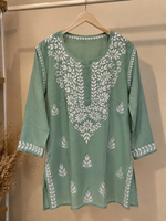 Modal Mehandi Green Short Kurti With Galabutti work