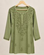 Rayon Sage Olive Green Short Kurti, Galabutti with Ghaspati work