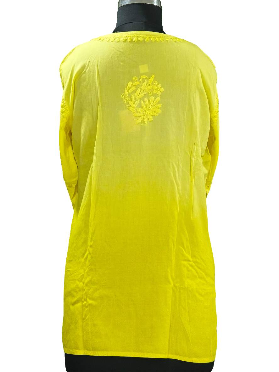 Yellow Lucknowi Rayon short kurti in hand embroidery