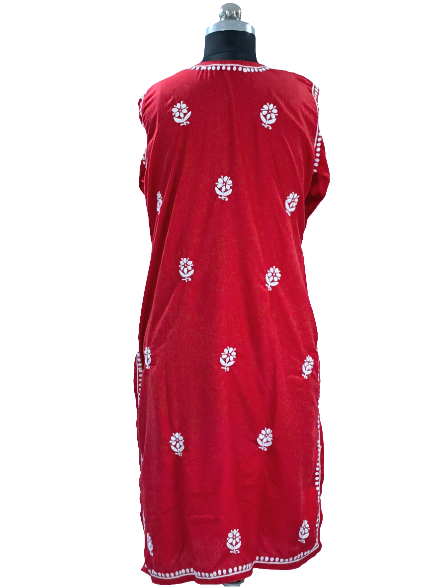 1005 red  Lucknowi knee length kurta hand embroidered