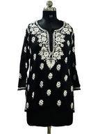 Black Lucknowi Modal short kurti in hand embroidery