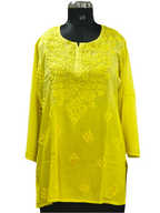 Yellow Lucknowi Rayon short kurti in hand embroidery