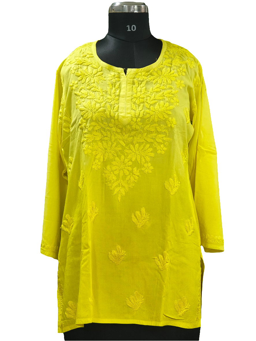 Yellow Lucknowi Rayon short kurti in hand embroidery