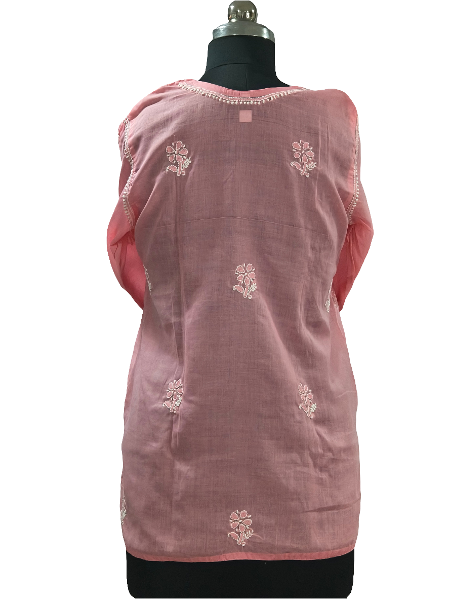 Salmon pink Lucknowi cotton short kurti hand embroidered