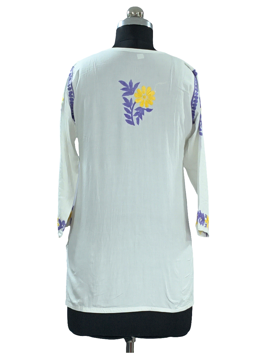 1001 white Modal Lucknowi short kurti yellow & purple hand embroidery