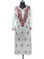 White Lucknowi cotton kurta in hand embroidery