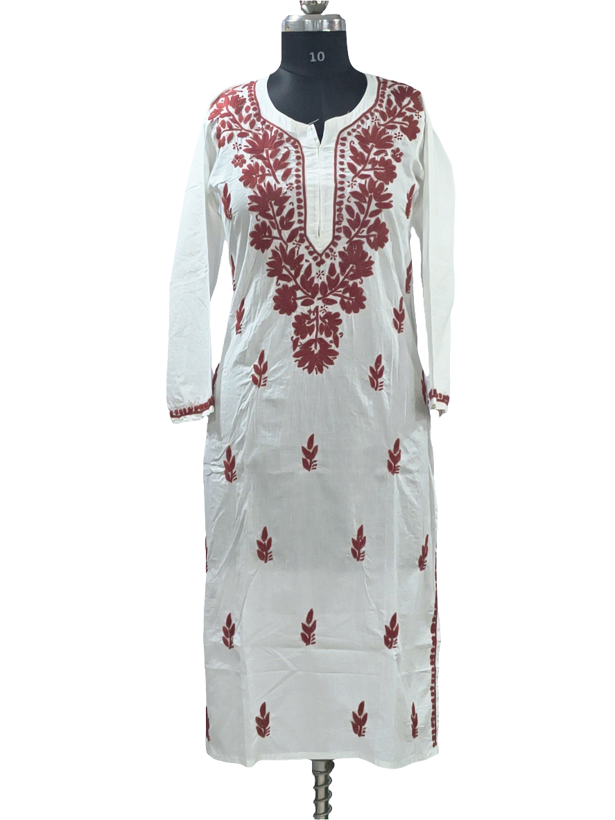 White Lucknowi cotton kurta in hand embroidery