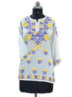 1001 white Modal Lucknowi short kurti yellow & purple hand embroidery