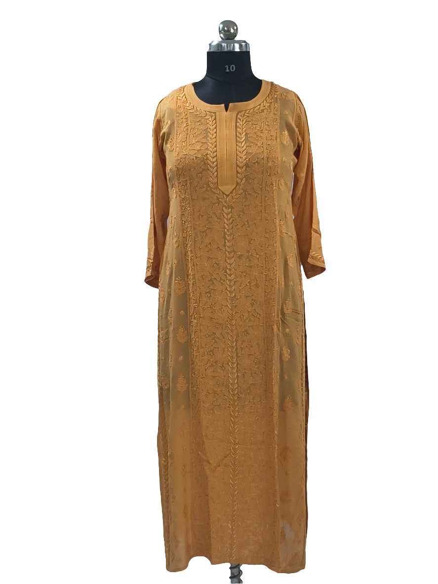 1019 golden orange  viscose lucknowi kurta in hand embroidered shadow work with silk thread
