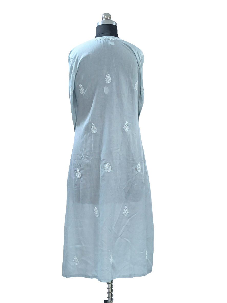 Grey Lucknowi Mul Angarkha  kurta in hand embroidery
