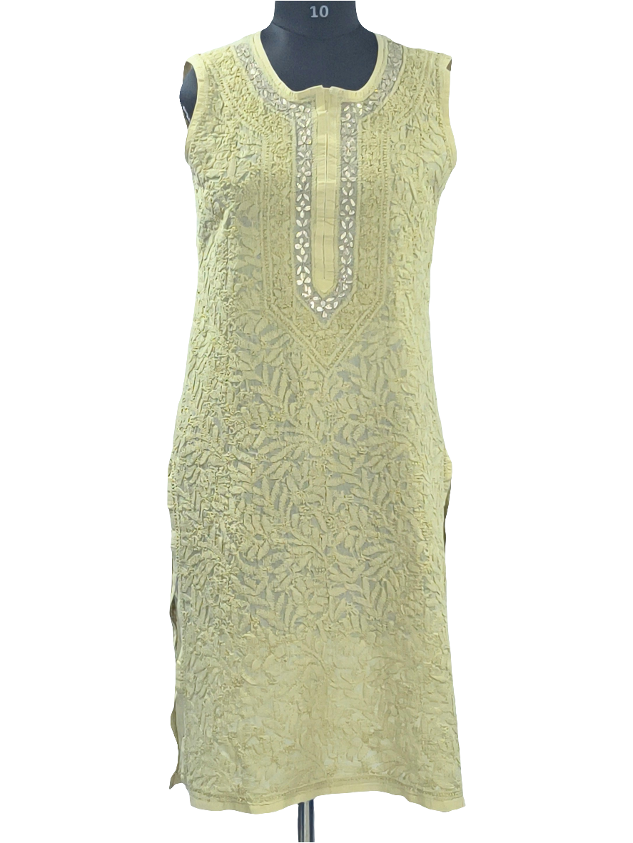 1010 beige cotton Lucknowi sleave less kurta hand embroidered in gota patti work