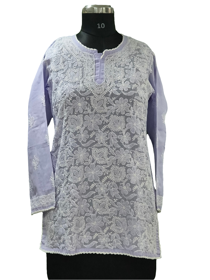Lilac Lucknowi Mul short kurti hand embroidered