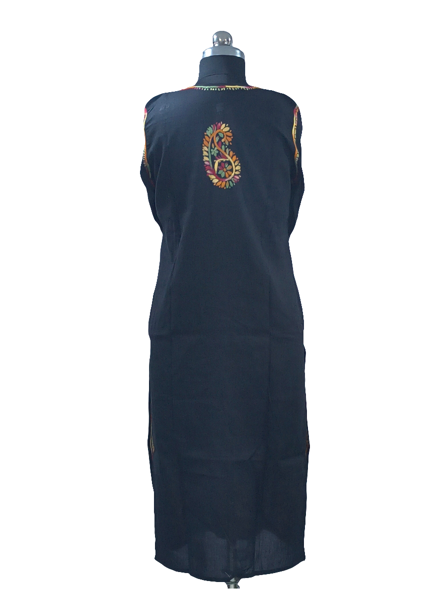 Black Lucknowi cotton kurta in hand embroidery multi color thread