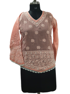 Orange peach Lucknowi  cotton short kurti hand embroidery