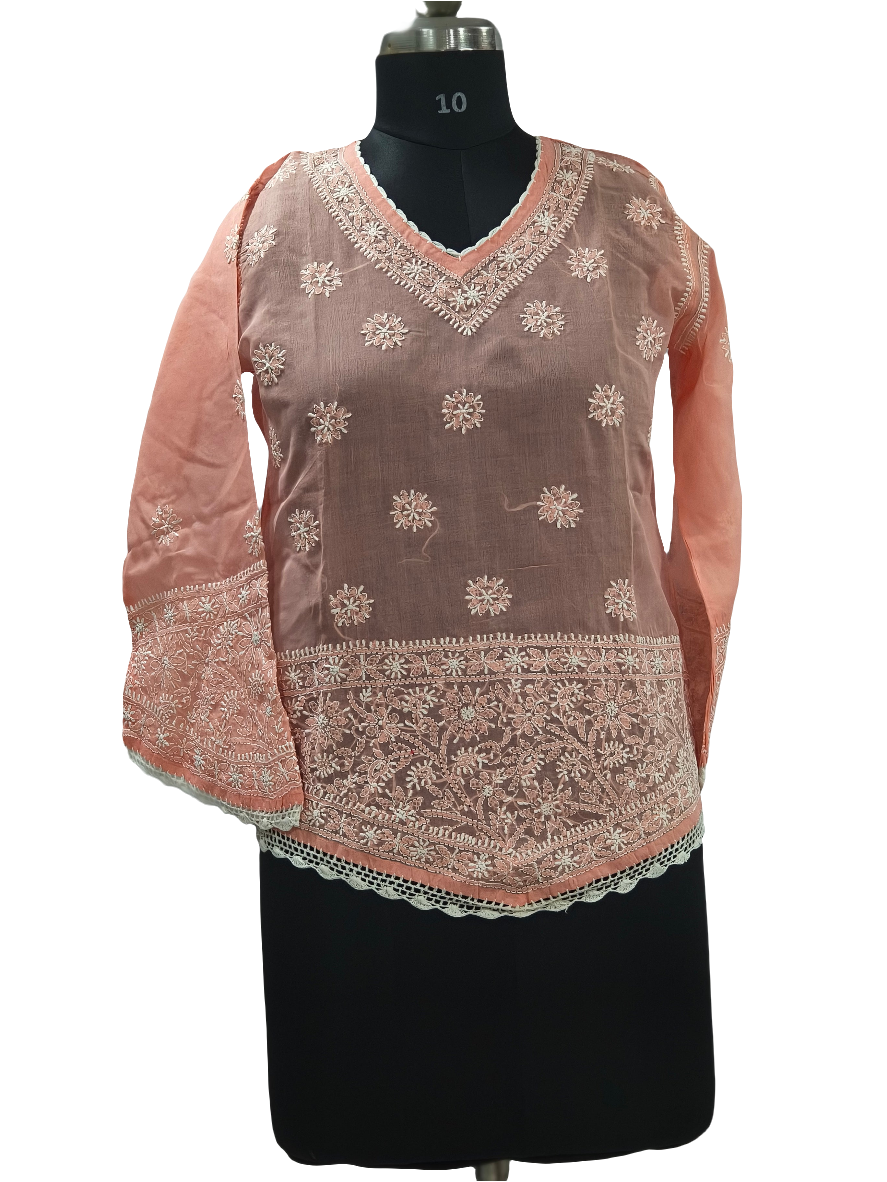 Orange peach Lucknowi  cotton short kurti hand embroidery
