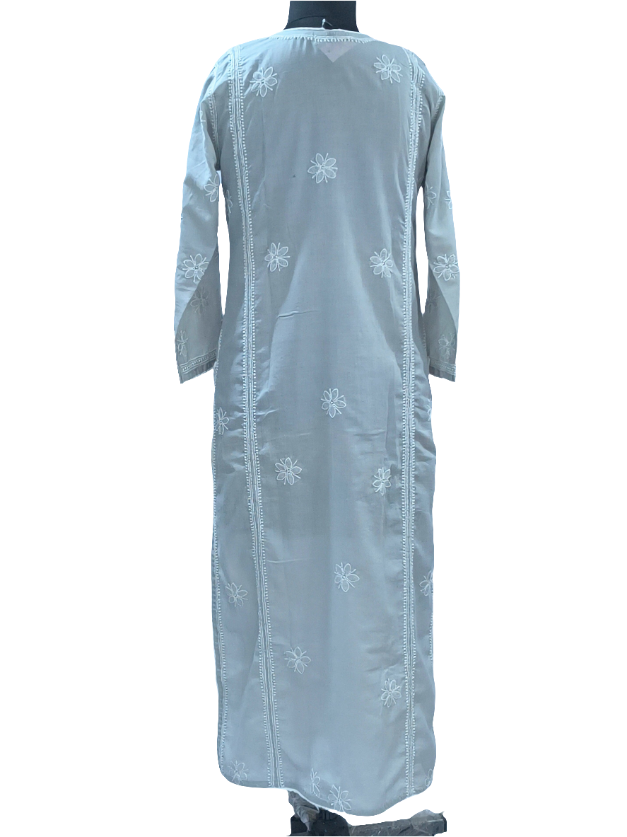1024 grey Mul cotton Lucknowi kurta in hand embroidered front jaal