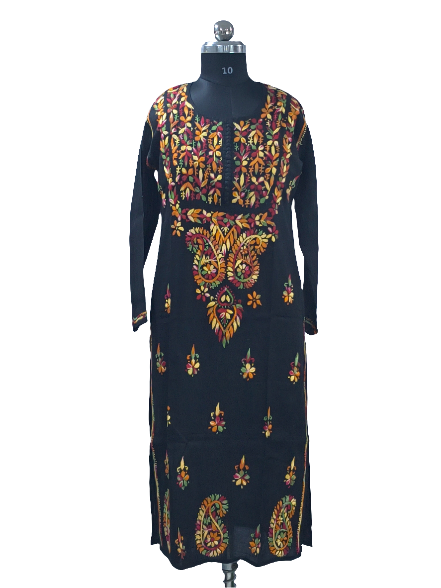 Black Lucknowi cotton kurta in hand embroidery multi color thread