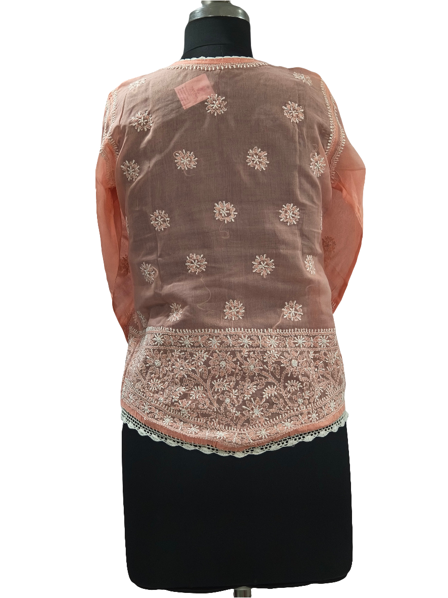 Orange peach Lucknowi  cotton short kurti hand embroidery