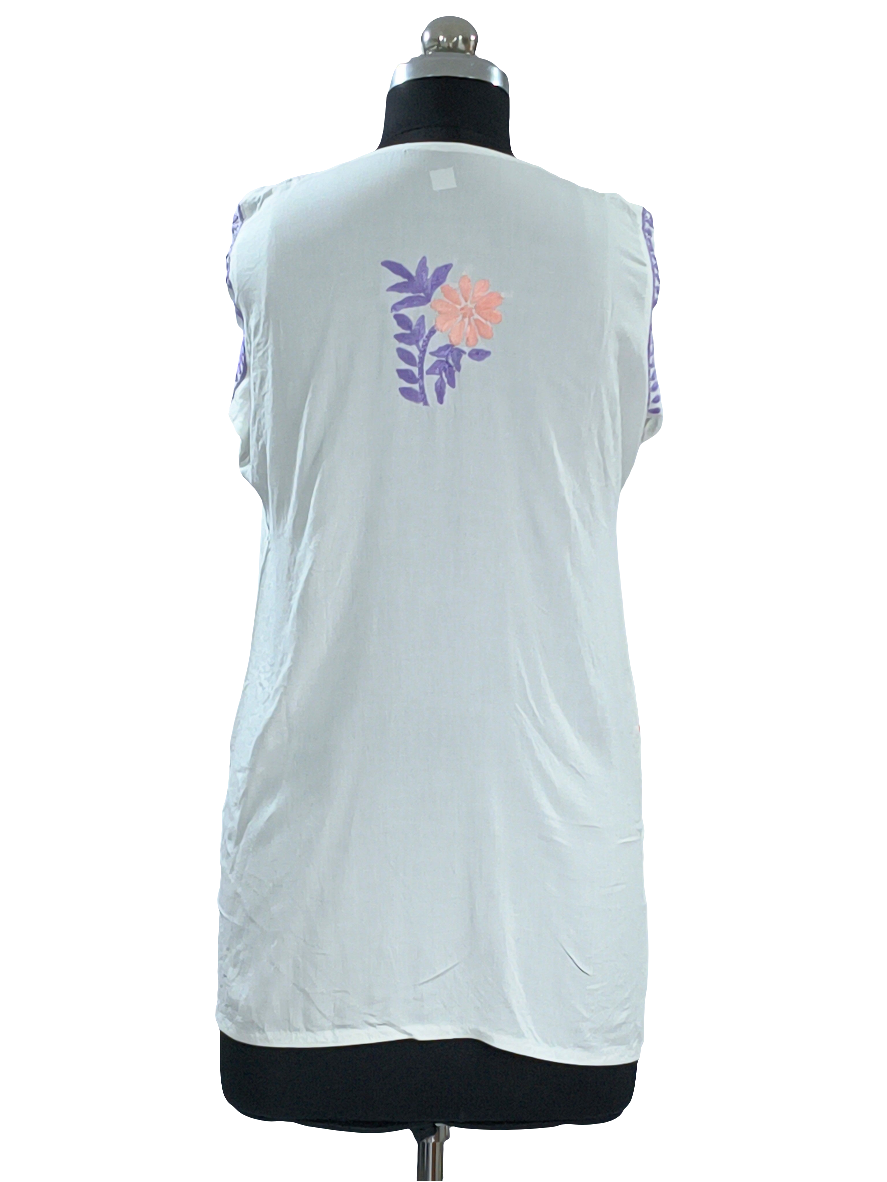 1002 white Modal Lucknowi short kurti peach & purple hand embroidery