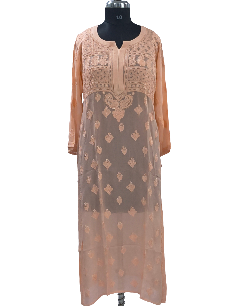 1021 orange viscose lucknowi kurta in hand embroidered shadow work with silk thread