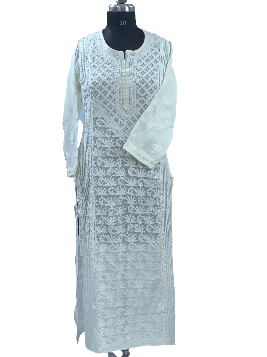 1025 off White Mul cotton Lucknowi kurta in hand embroider3e front jal