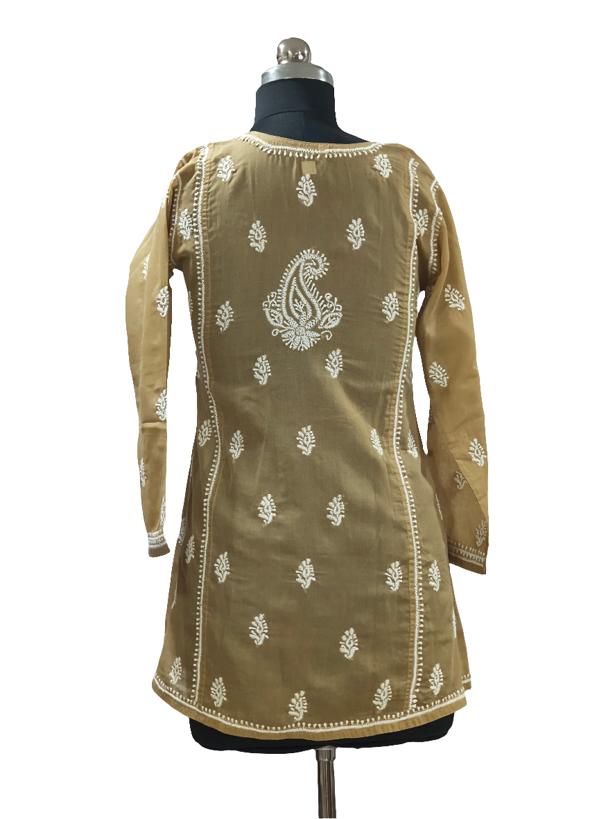 Beige Lucknowi Mul short kurti with hand embroidery l