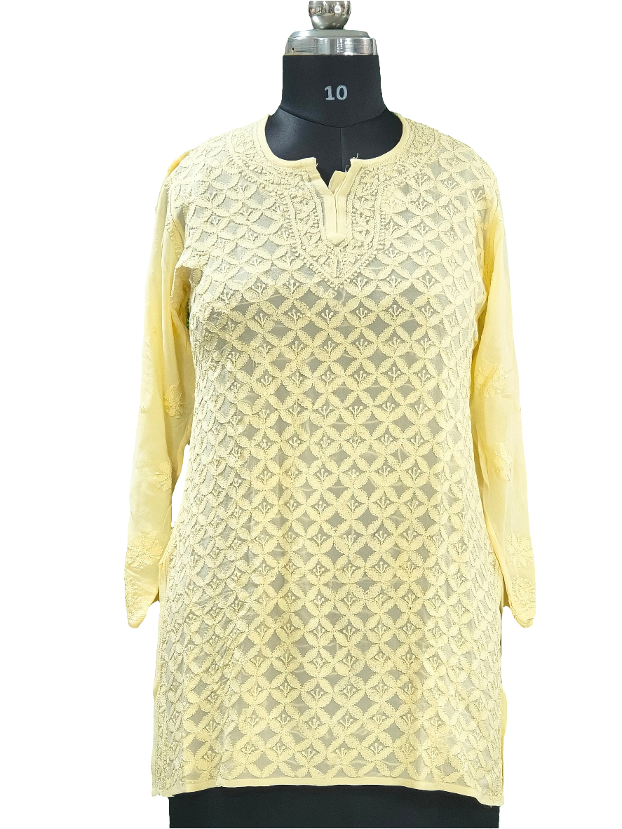 Off white Lucknowi viscose short kurti with hand embroidery - slip included