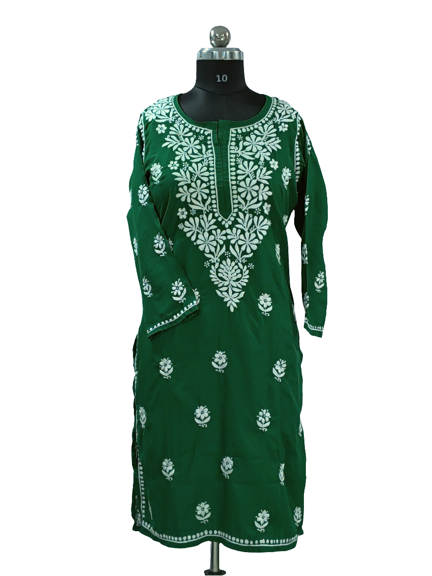 1006 green cotton Lucknowi knee length kurta hand embroidered