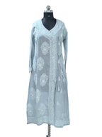 Grey Lucknowi Mul Angarkha  kurta in hand embroidery