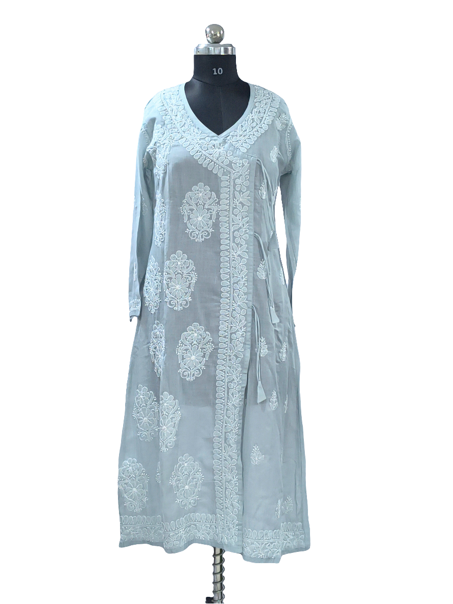 Grey Lucknowi Mul Angarkha  kurta in hand embroidery