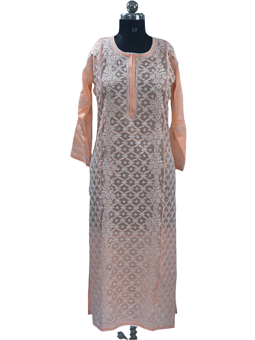 1023 orange Mul cotton Lucknowi kurta in hand embroidered front jaal