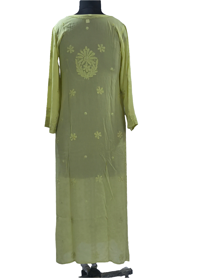 1018 mehendi green viscose lucknowi kurta in hand embroidered shadow work with silk thread