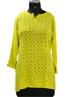 Yellow Lucknowi viscose short kurti with hand embroidery - slip included