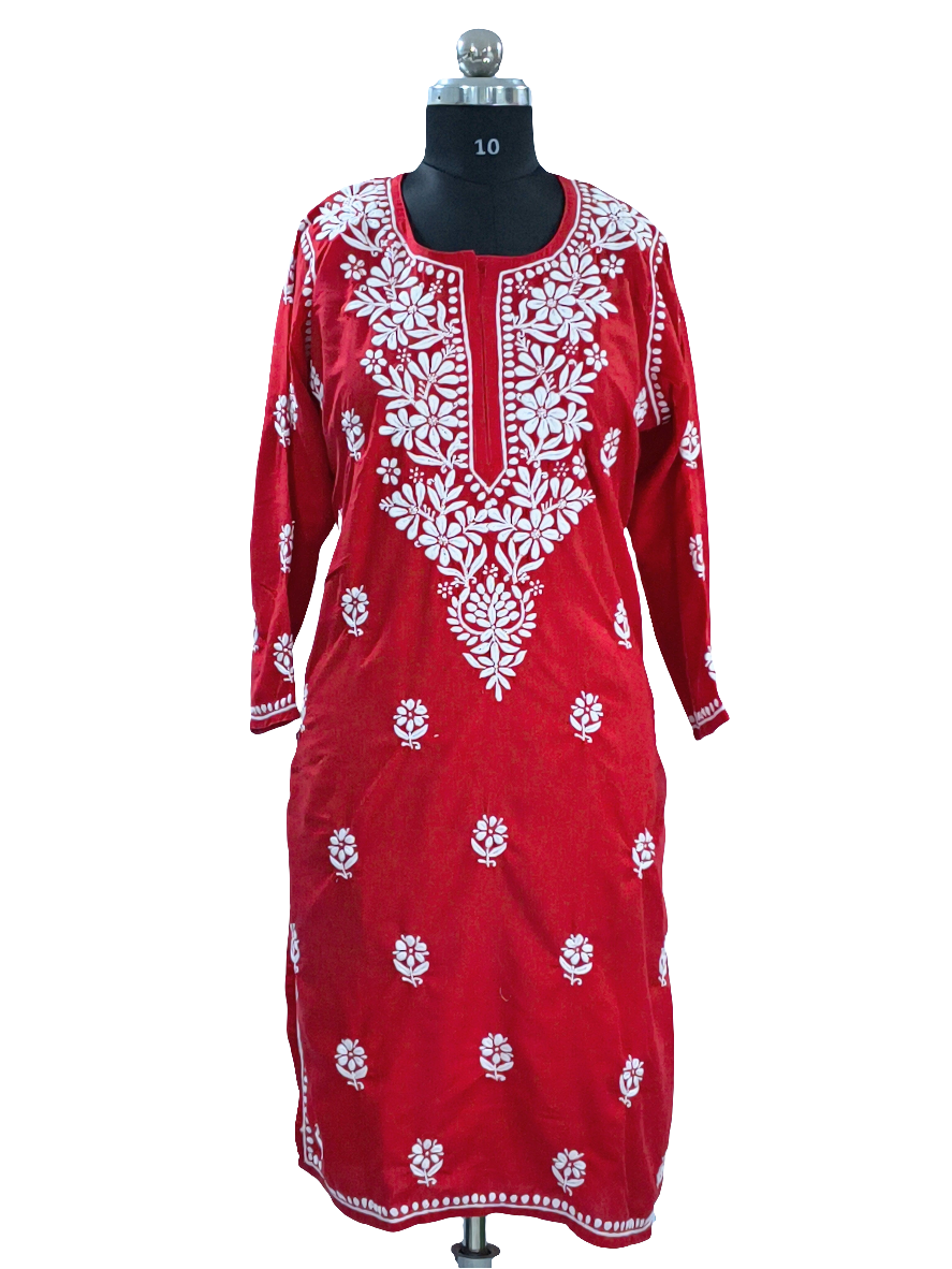 1005 red  Lucknowi knee length kurta hand embroidered