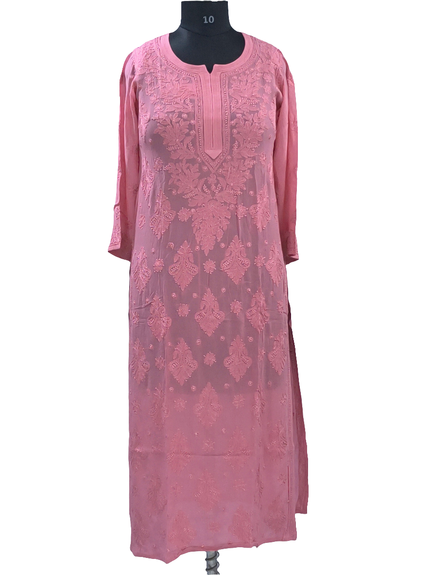 1016 peach pink  viscose lucknowi kurta in hand embroidered shadow work with silk thread
