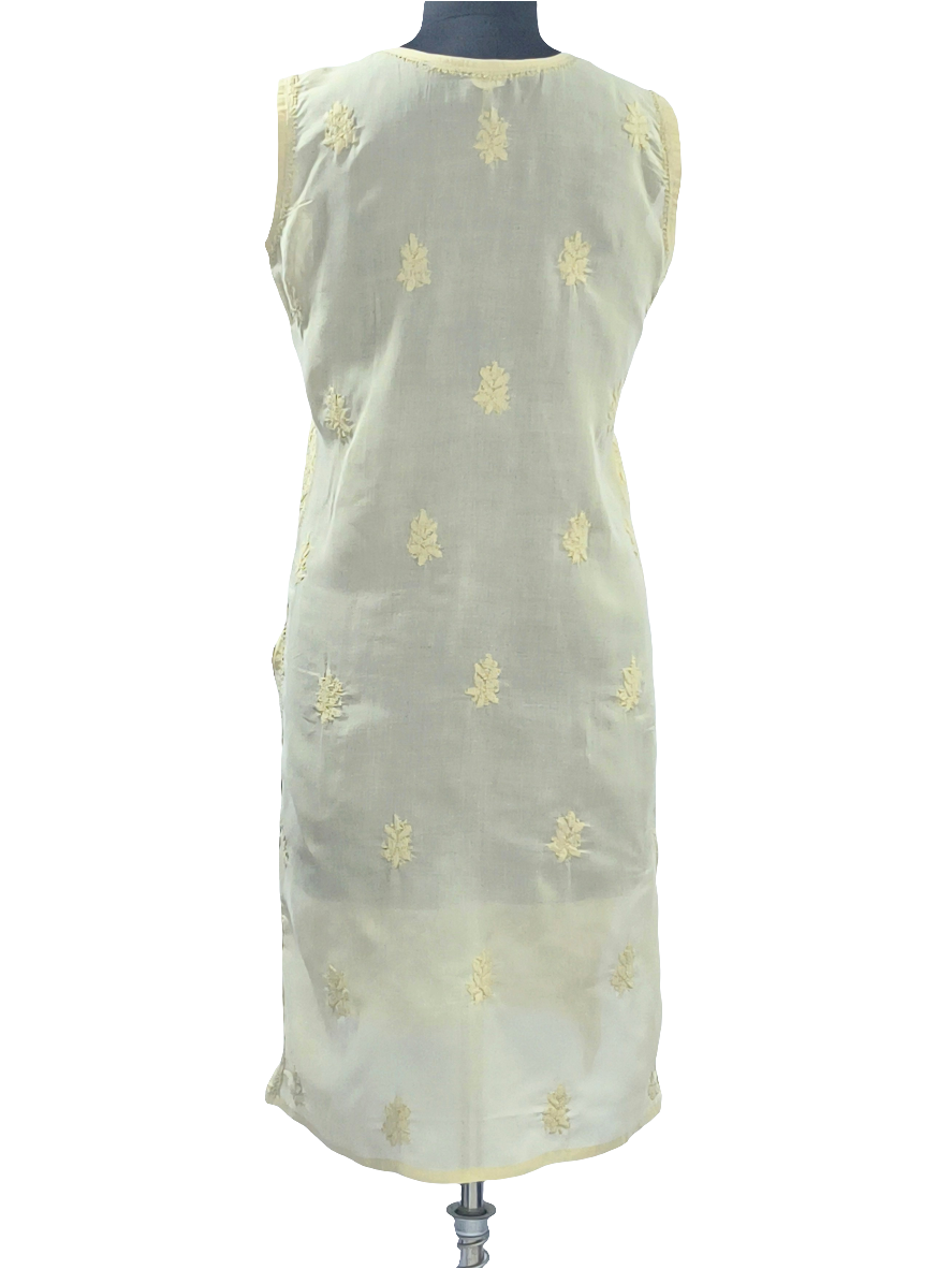 1010 beige cotton Lucknowi sleave less kurta hand embroidered in gota patti work