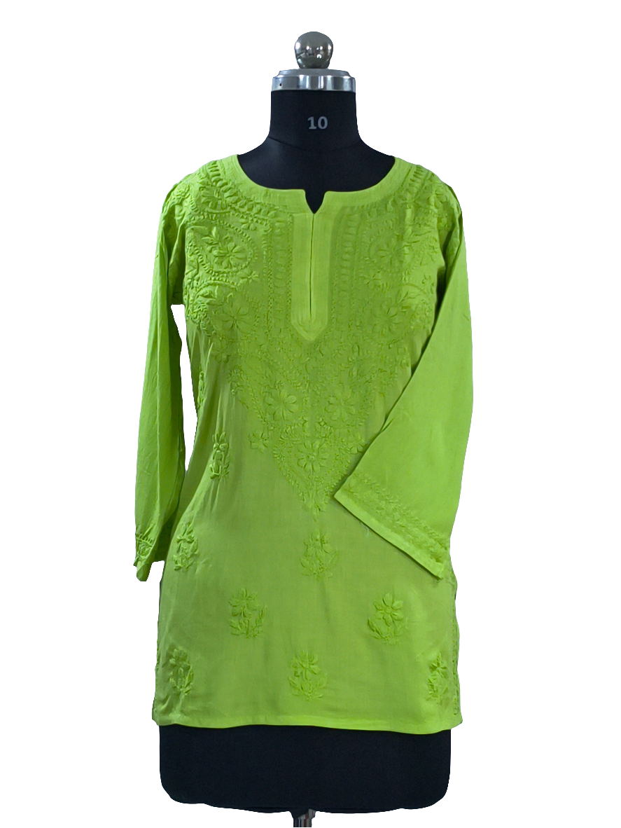1004 green Rayon Lucknowi short kurti hand embroidered