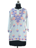 1002 white Modal Lucknowi short kurti peach & purple hand embroidery
