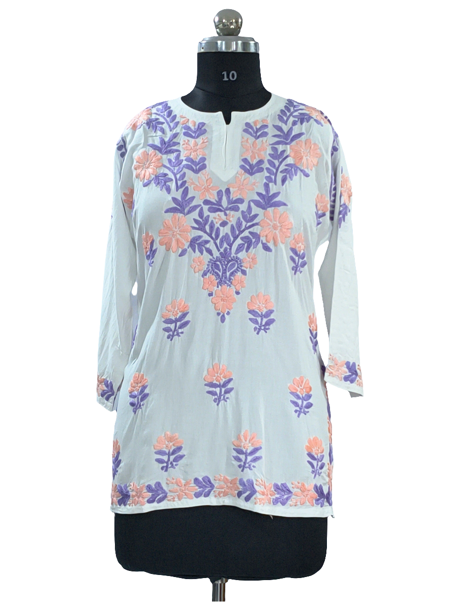 1002 white Modal Lucknowi short kurti peach & purple hand embroidery