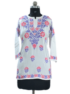 1003 white Modal Lucknowi short kurti purple & pink hand embroidery
