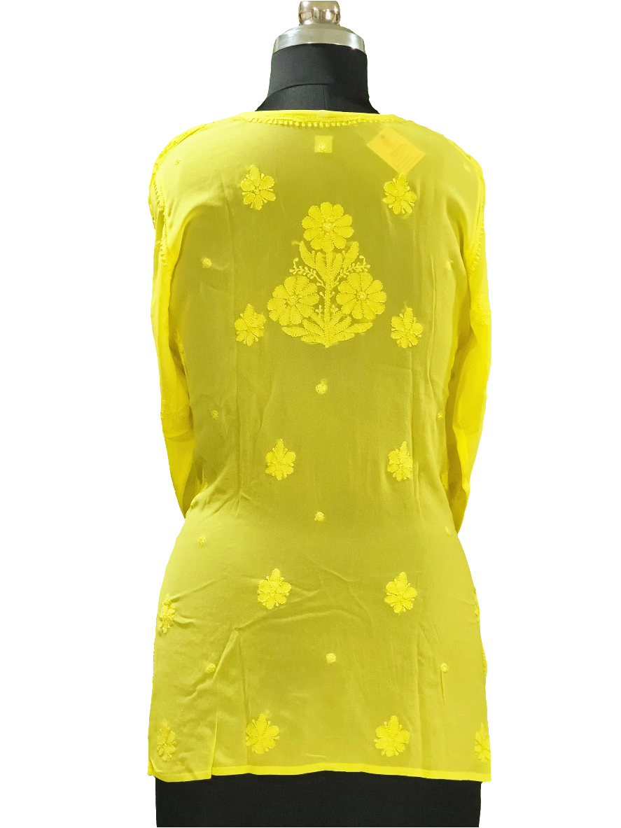 Yellow Lucknowi viscose short kurti with hand embroidery - slip included
