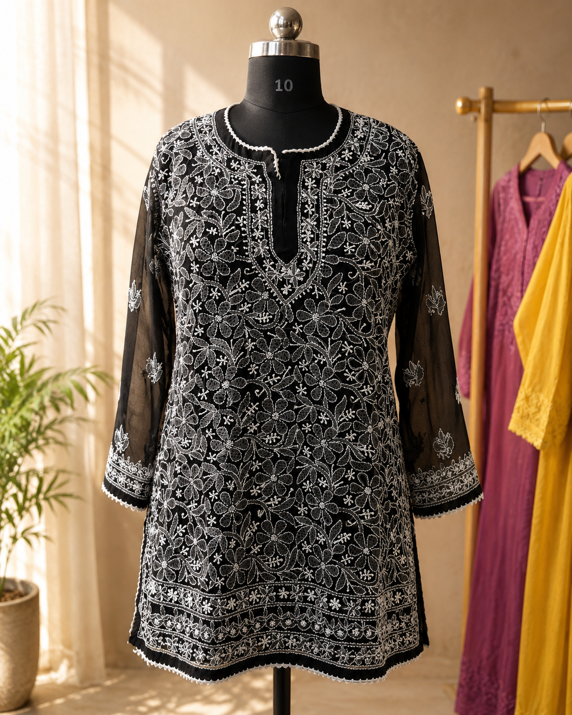 Georgette Short kurti with shadow bakhiya work