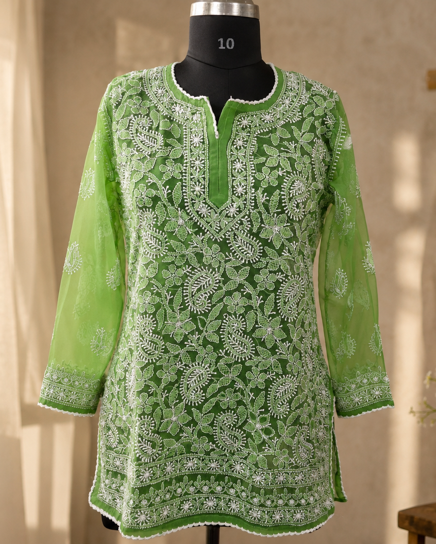 Georgette Short kurti with shadow bakhiya work