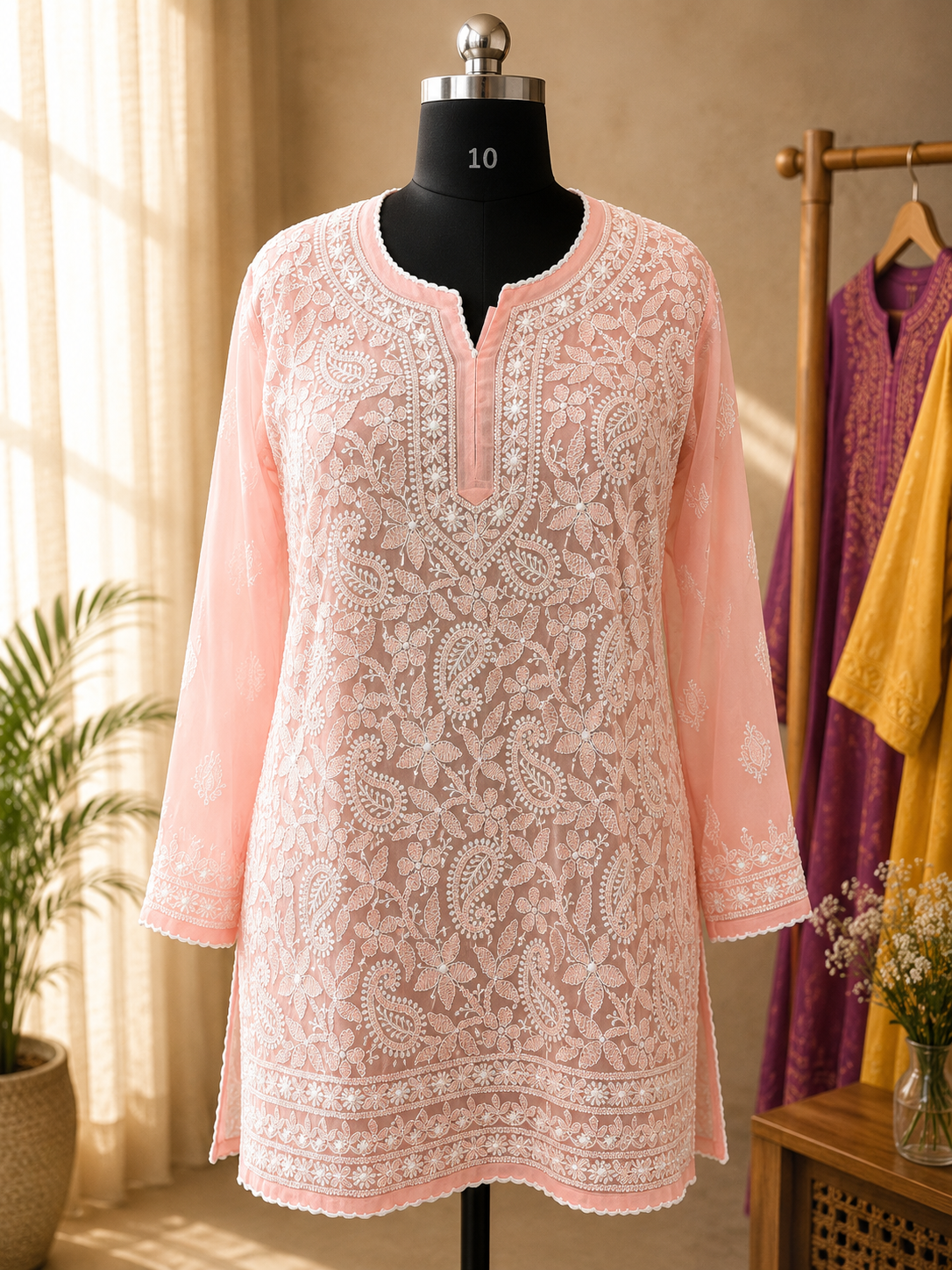 Georgette Short kurti with shadow bakhiya work