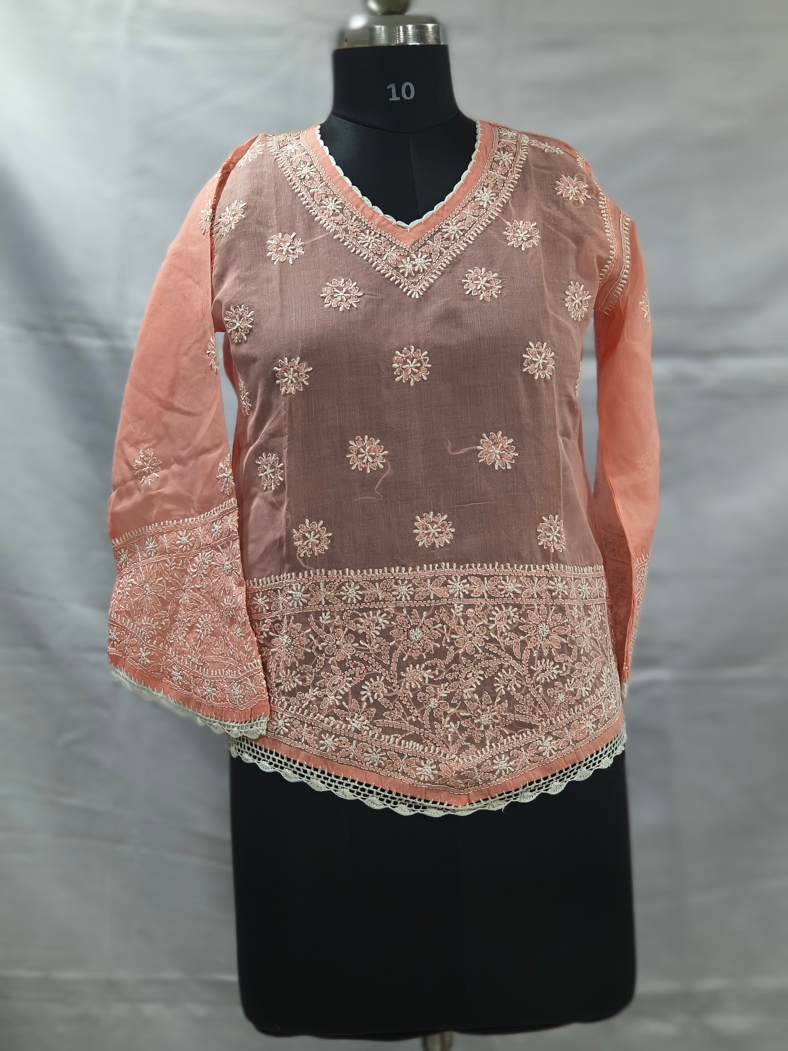 Orange peach Lucknowi  cotton short kurti hand embroidery