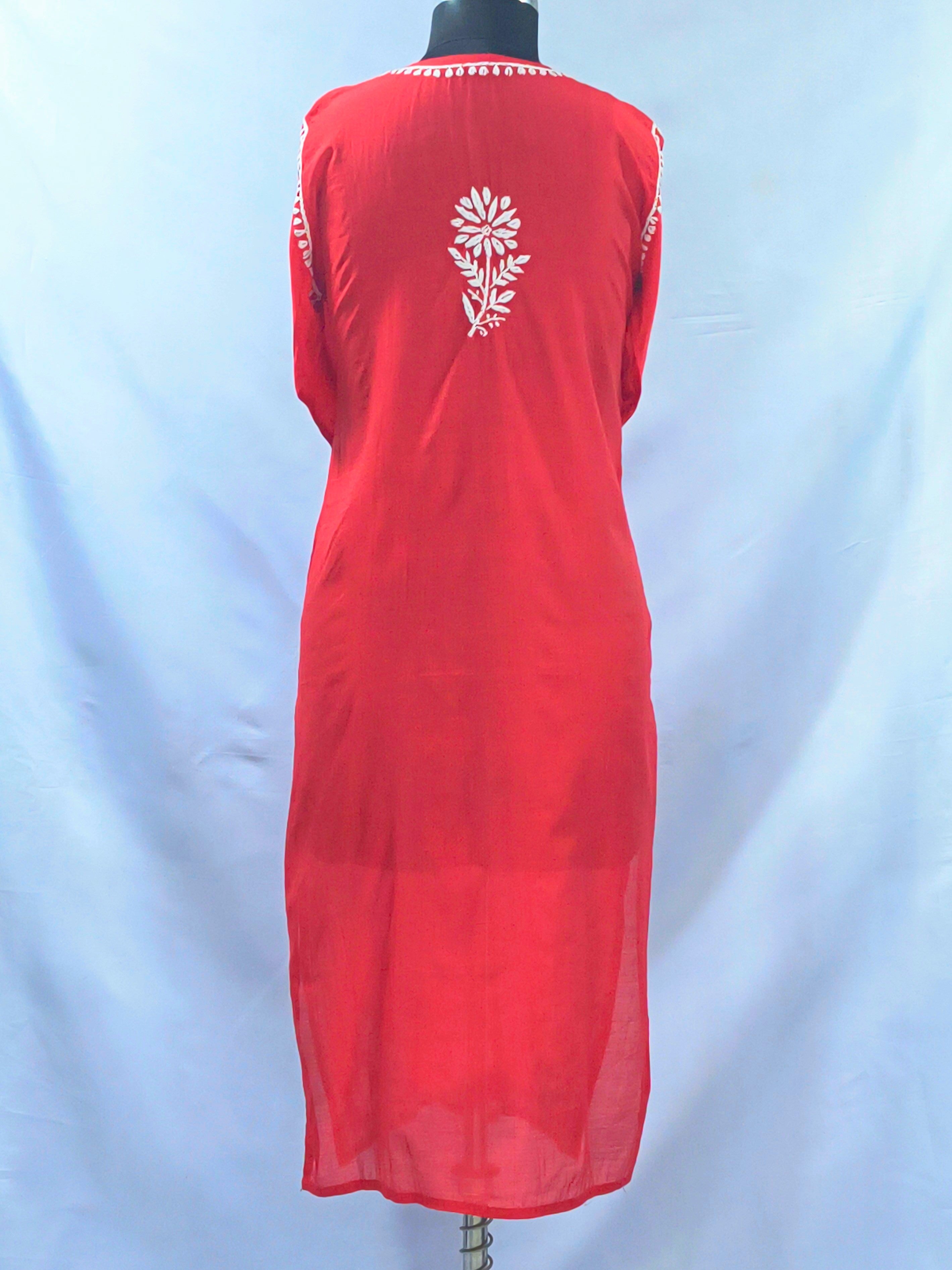 1009 Red silk Lucknowi kurta hand embroidered
