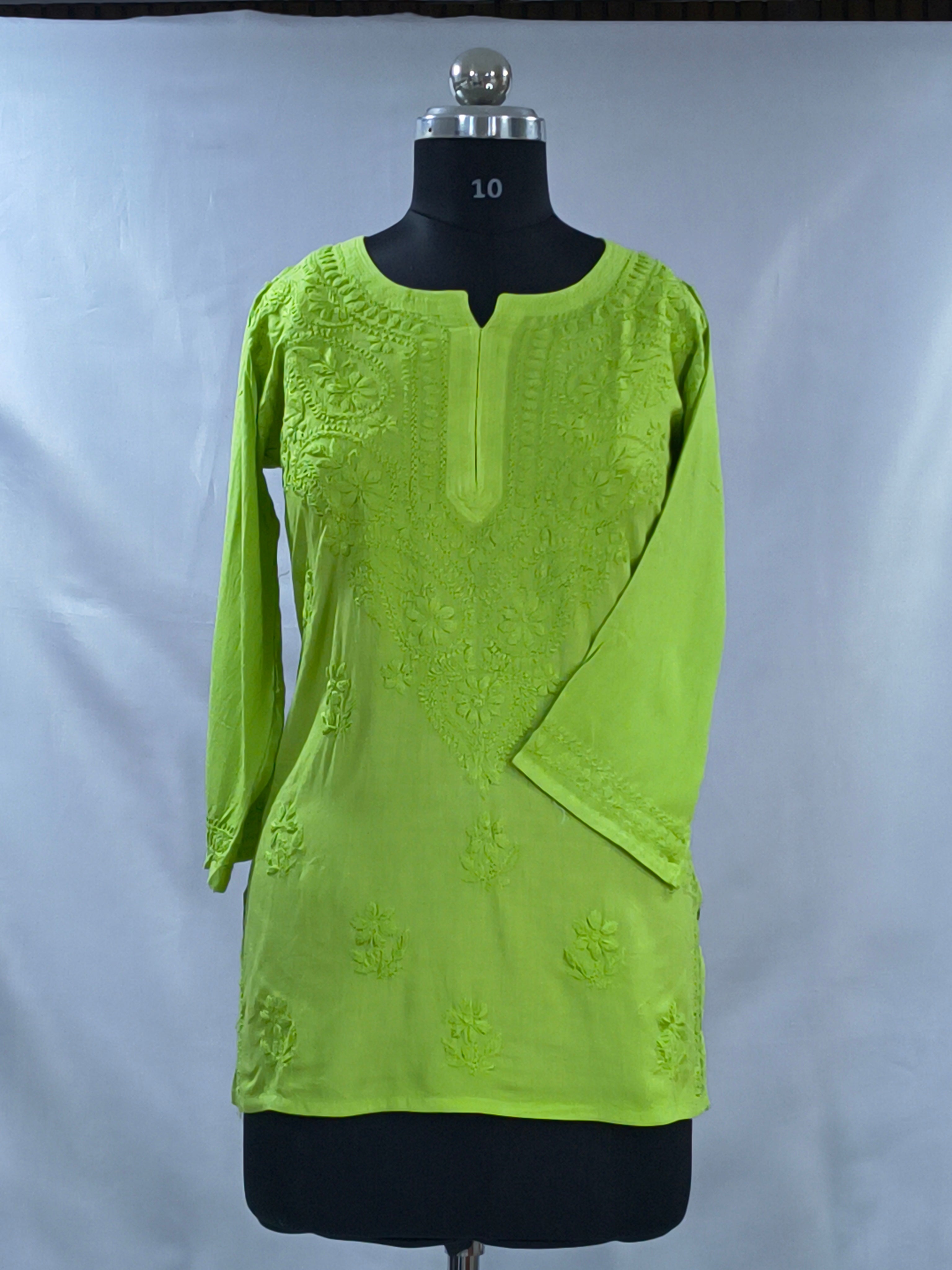 1004 green Rayon Lucknowi short kurti hand embroidered